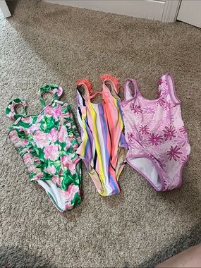 Kids Floral & Stripe One-Piece Swimsuit Set - Pink, Green, Multicolor